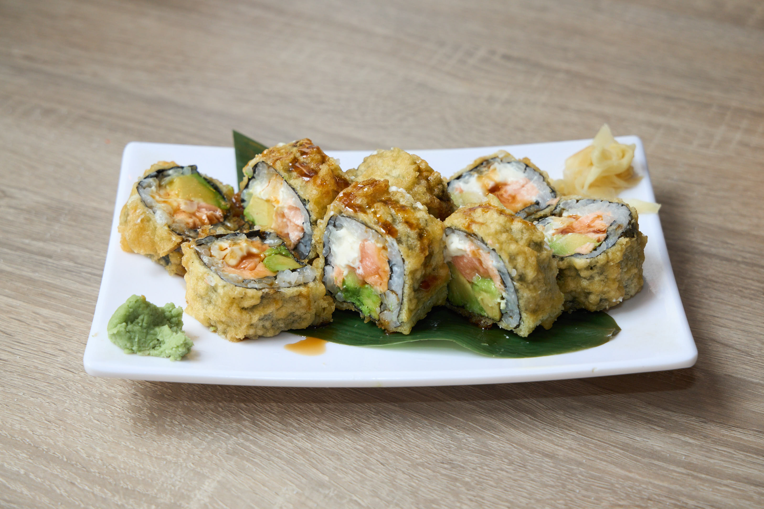 Tempura roll with salmon, avocado and teriyaki glaze